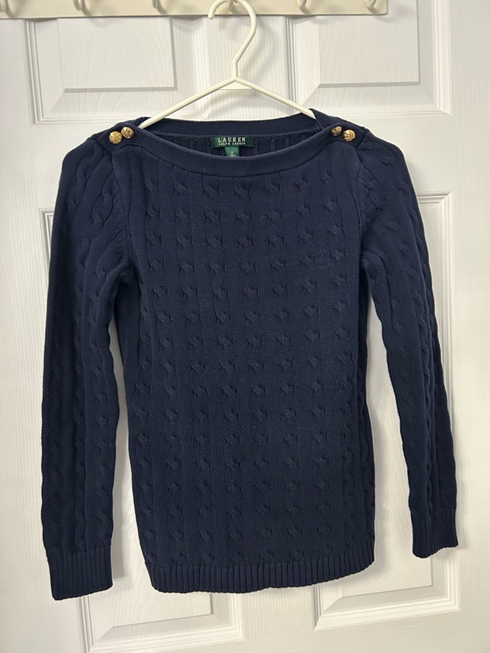 Lauren Ralph Lauren Navy Cable-Knit Sweater with Gold Shoulder Buttons